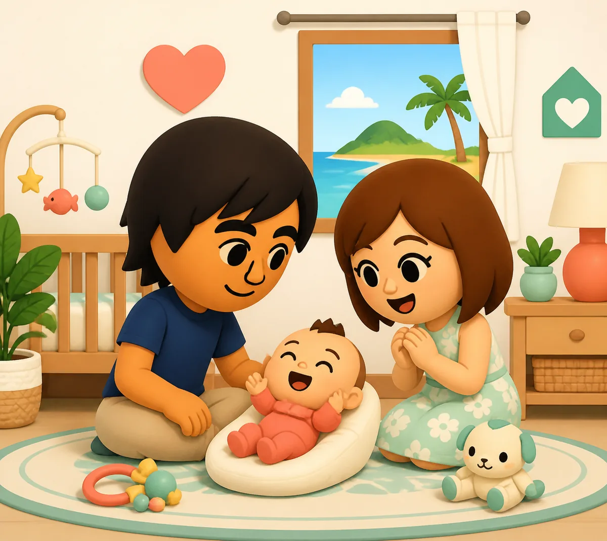 Illustrazione concettuale di due residenti dell'isola che si prendono cura di un bambino in casa