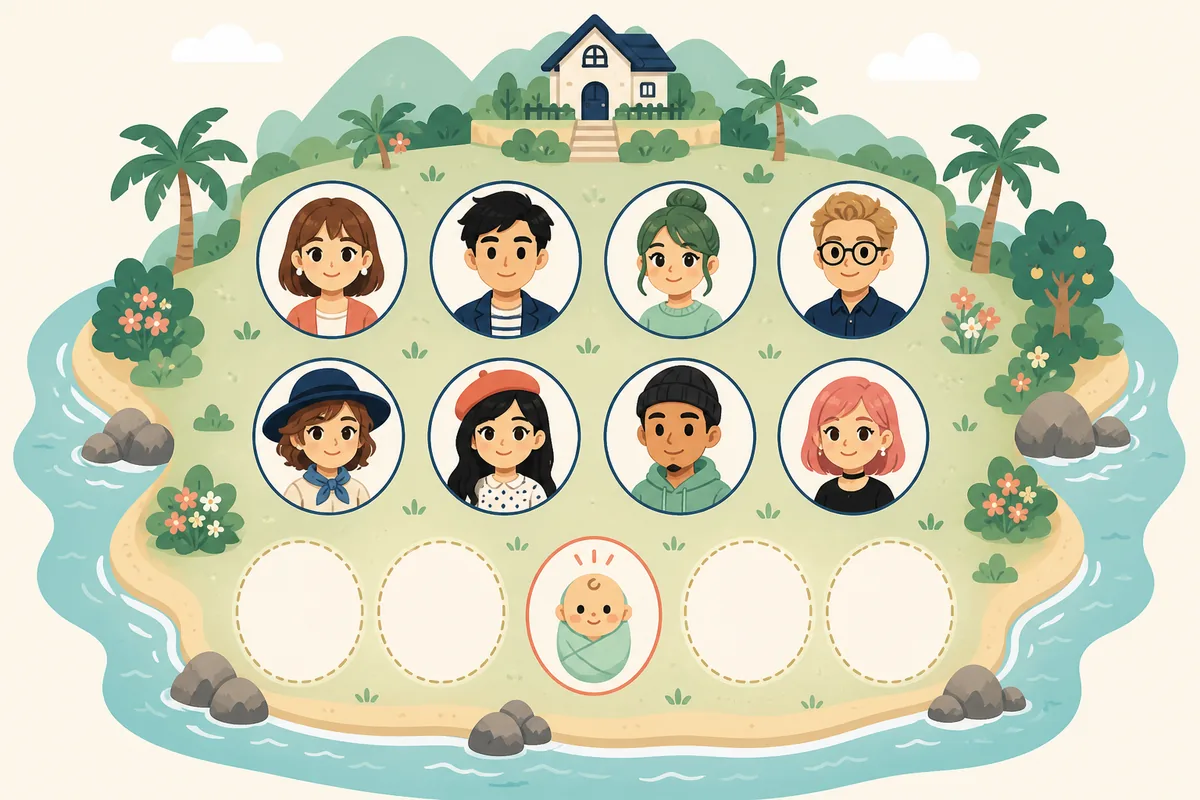 Illustrazione concettuale di genitori, bambino e spazi liberi per futuri eventi familiari