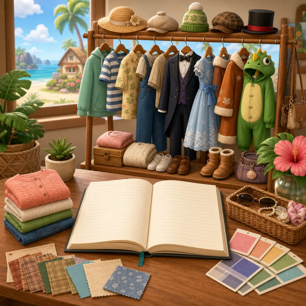 Editorial wardrobe illustration with clothing, accessories, and a catalog notebook
