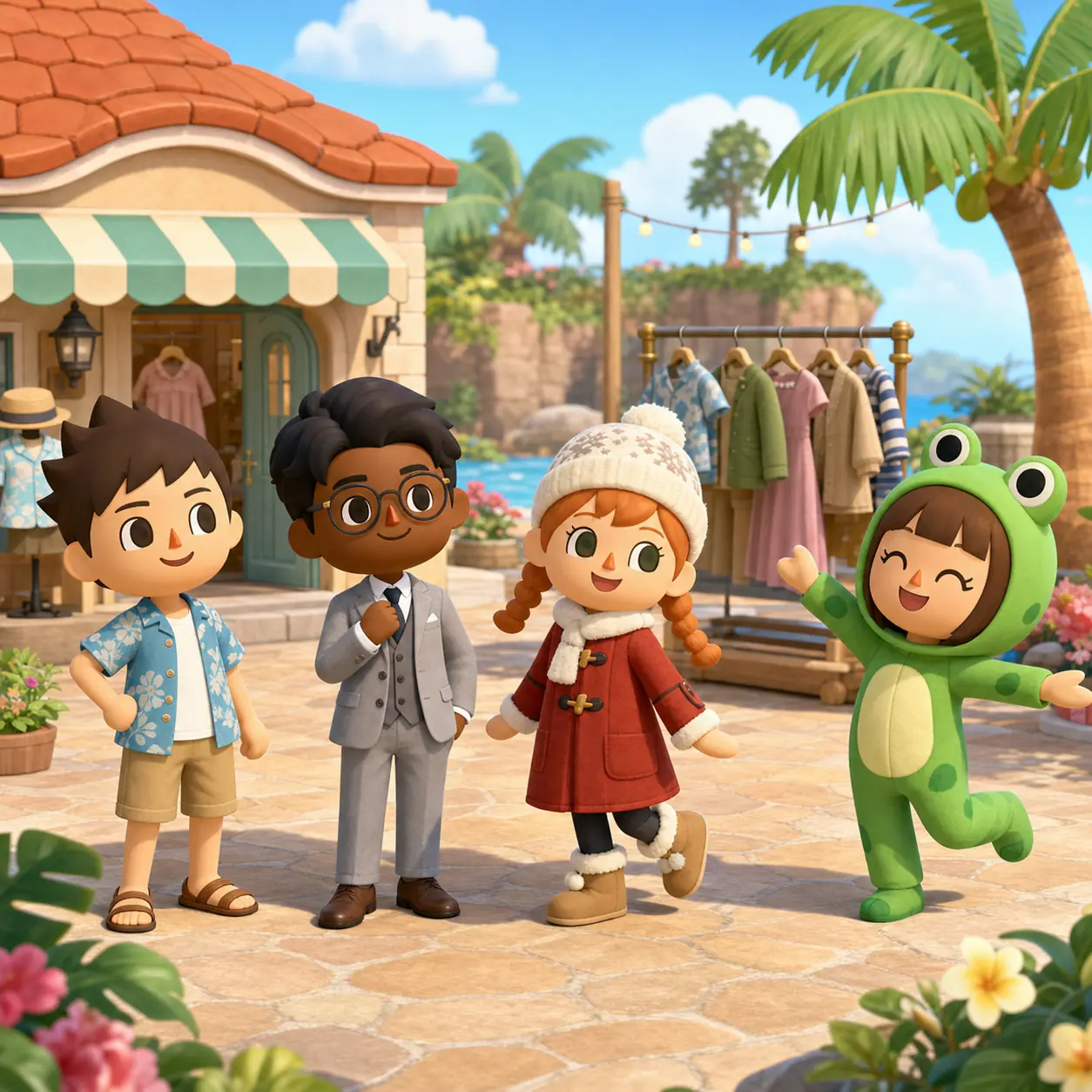 Conceptual island clothing scene with four residents wearing different outfit styles