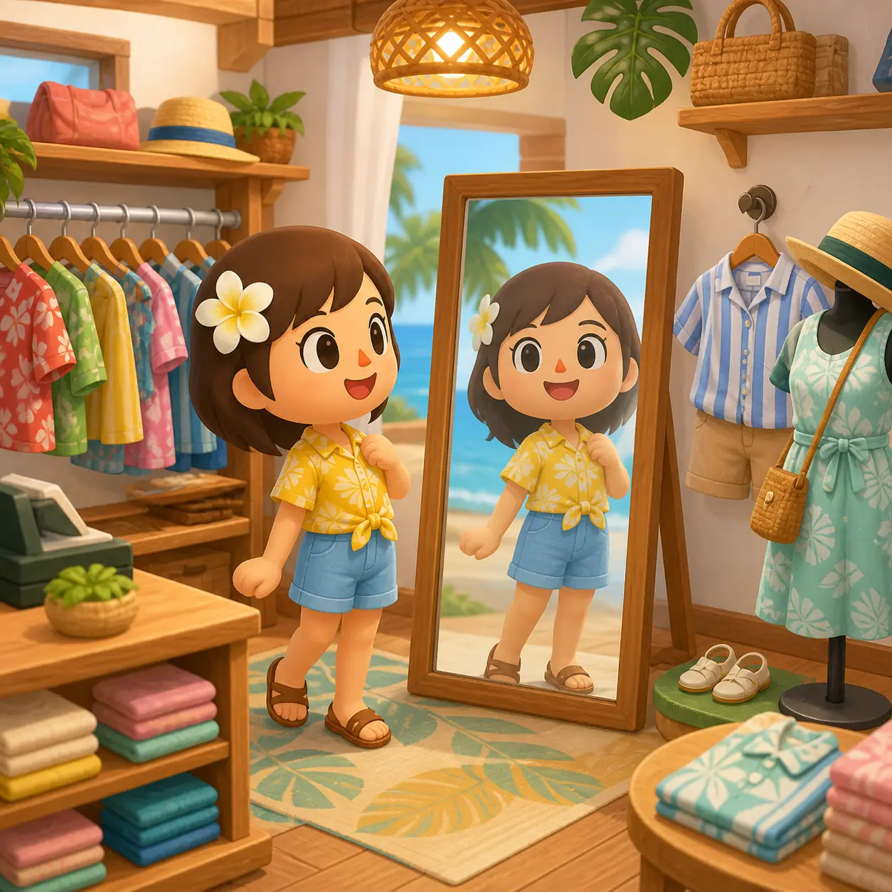 Conceptual clothing shop with a resident browsing a rack and checking an outfit in a mirror