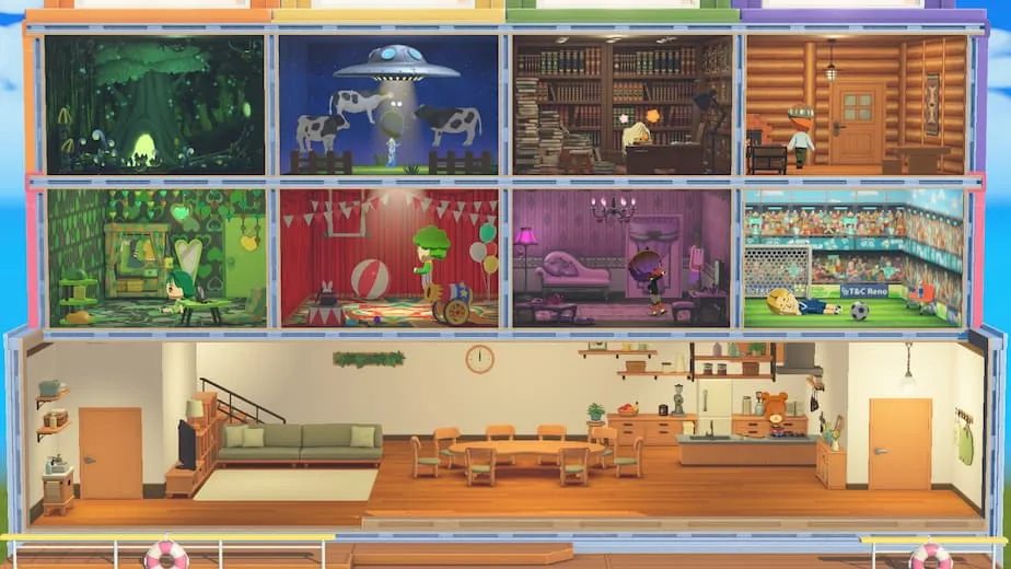 Official Tomodachi Life Living the Dream screenshot showing a large shared house with individually themed rooms