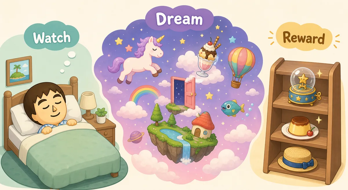 Editorial illustration showing dream watching leading to a reward shelf