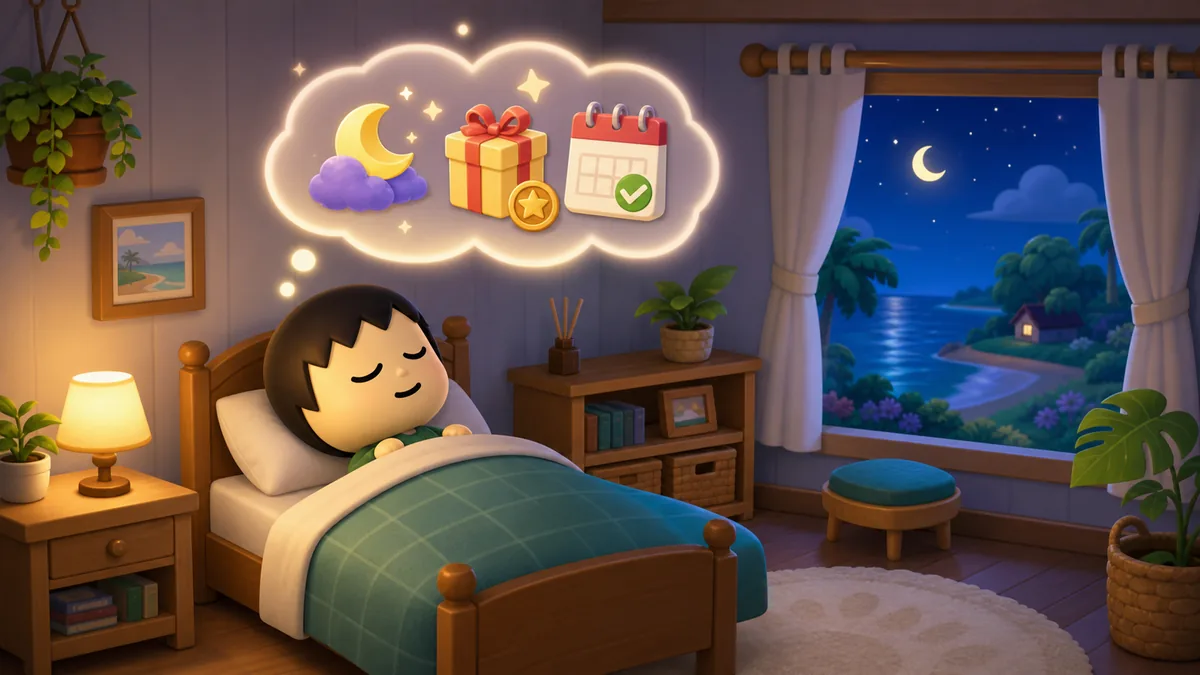 Editorial illustration of a sleeping island resident with a dream bubble and reward icons