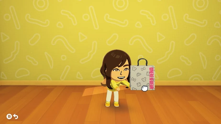 Official Nintendo Tomodachi Life Living the Dream screenshot showing a Mii holding a food-related custom item in a patterned room