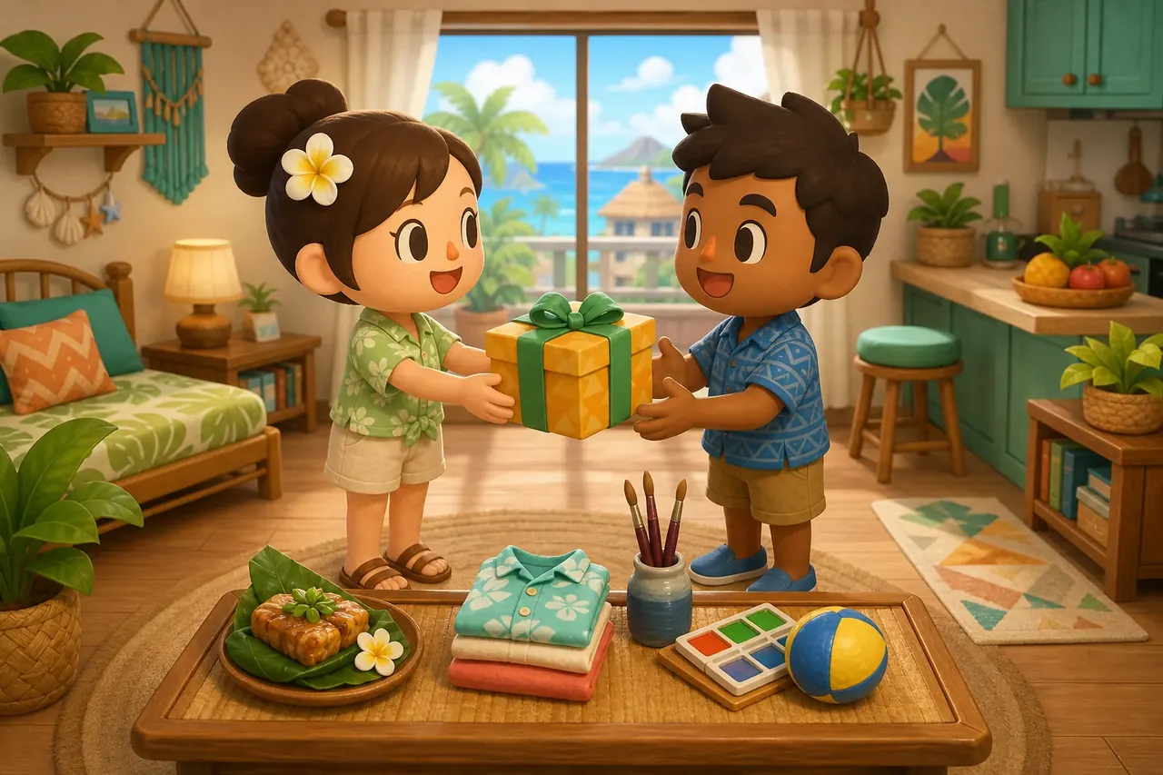 Editorial illustration of two island residents exchanging a wrapped gift beside food, clothing, and hobby items