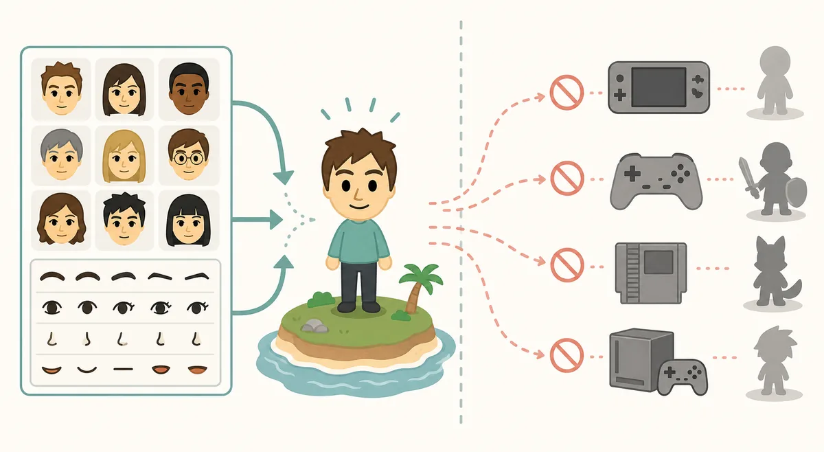 Editorial diagram explaining Mii import boundaries for Tomodachi Life Living the Dream