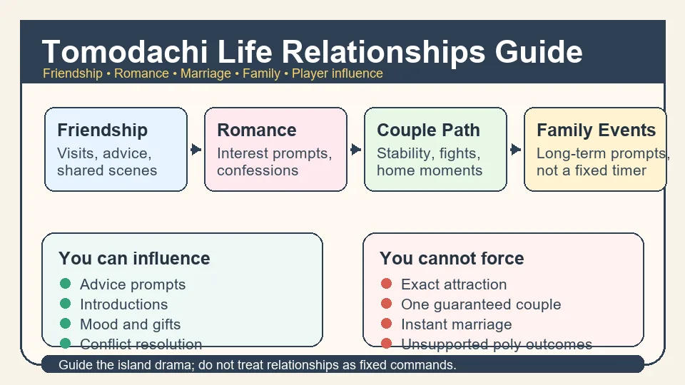 Infografik zu Beziehungsstatus, Spielereinfluss und Grenzen in Tomodachi Life