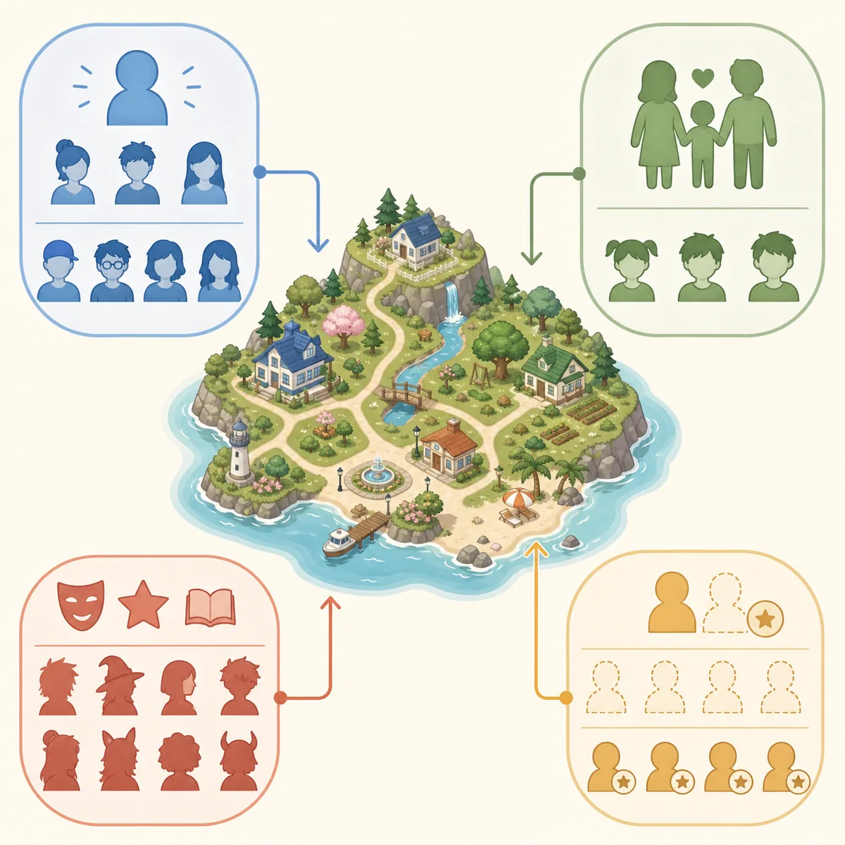Editorial diagram showing how to group a Tomodachi Life island roster before reaching the 70 Mii limit