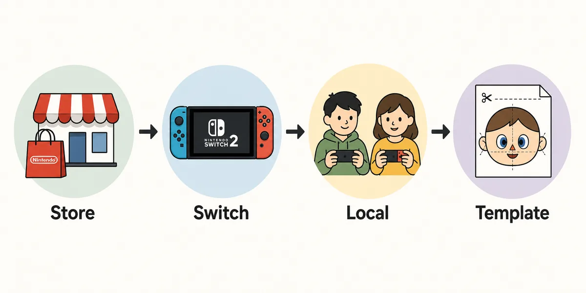 Editorial step flow showing official store, Switch play, local play, and manual Mii templates as safe alternatives