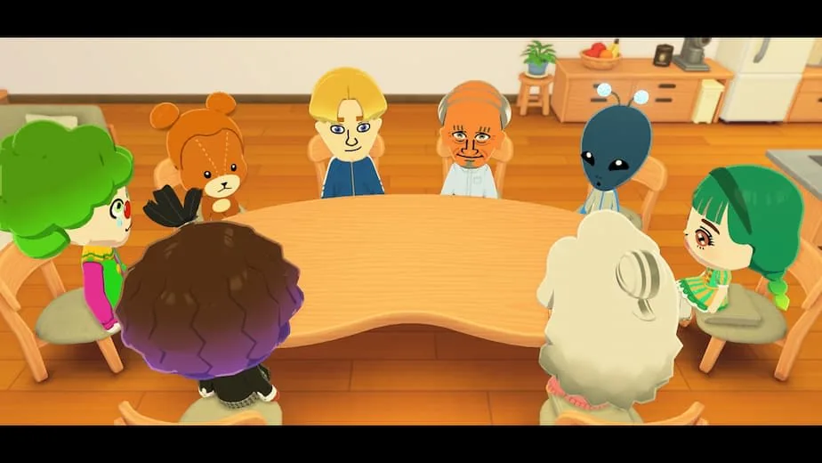 Official Tomodachi Life screenshot of eight Miis gathered around a large table in a shared house