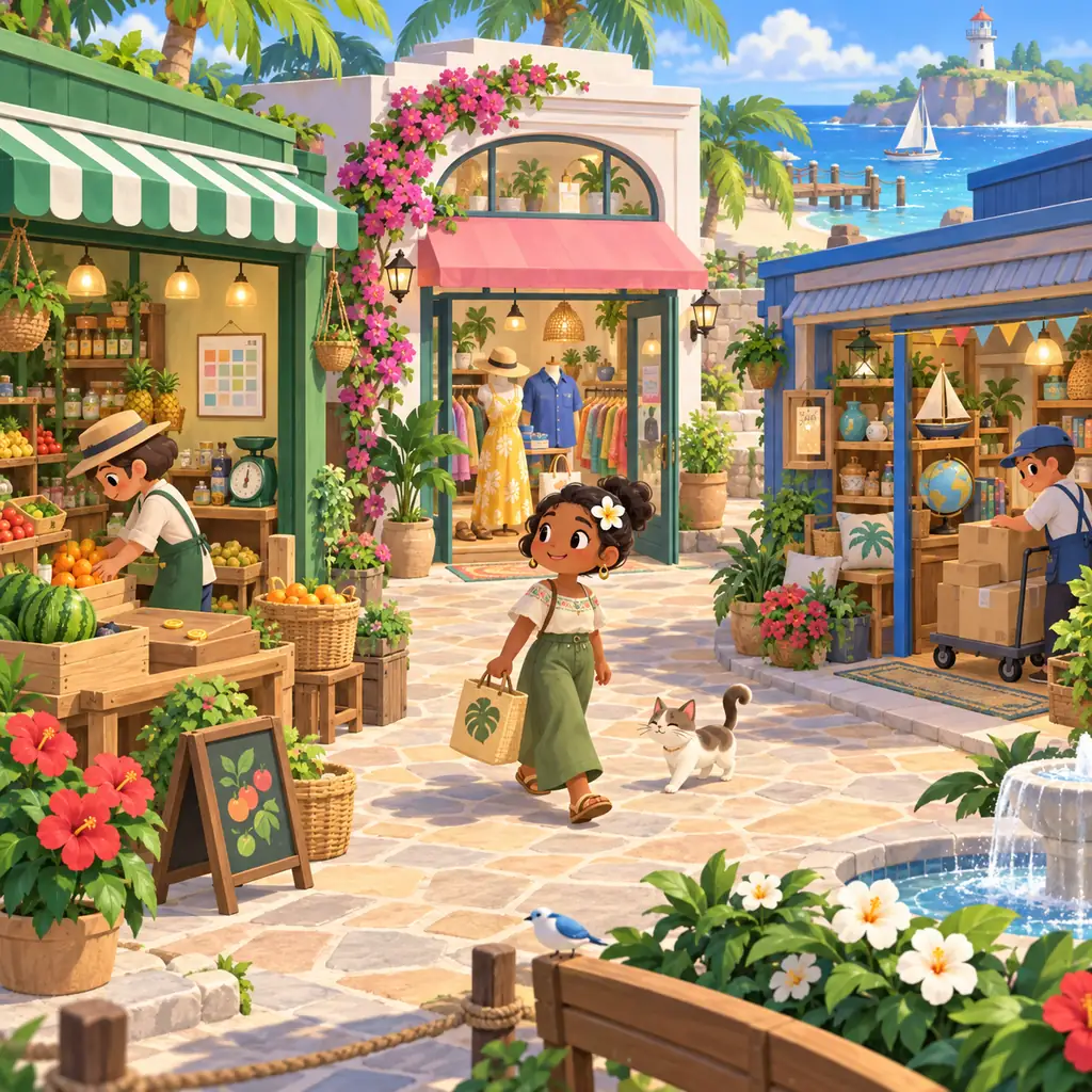 食べ物、服、プレゼントの店が並ぶ島の広場を描いた編集用イラスト