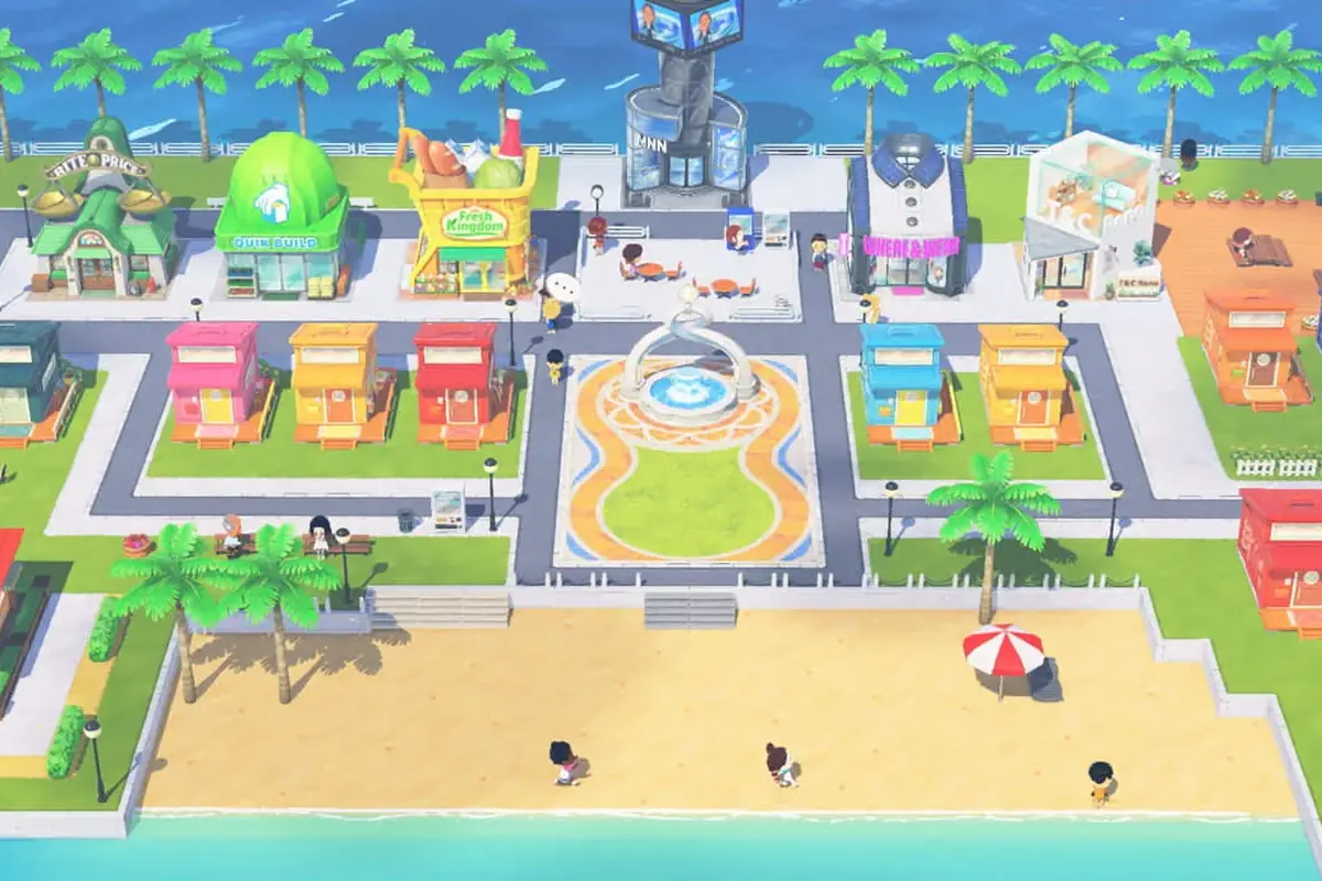 Captura oficial de la isla de Tomodachi Life Living the Dream con tiendas, casas y torre de noticias