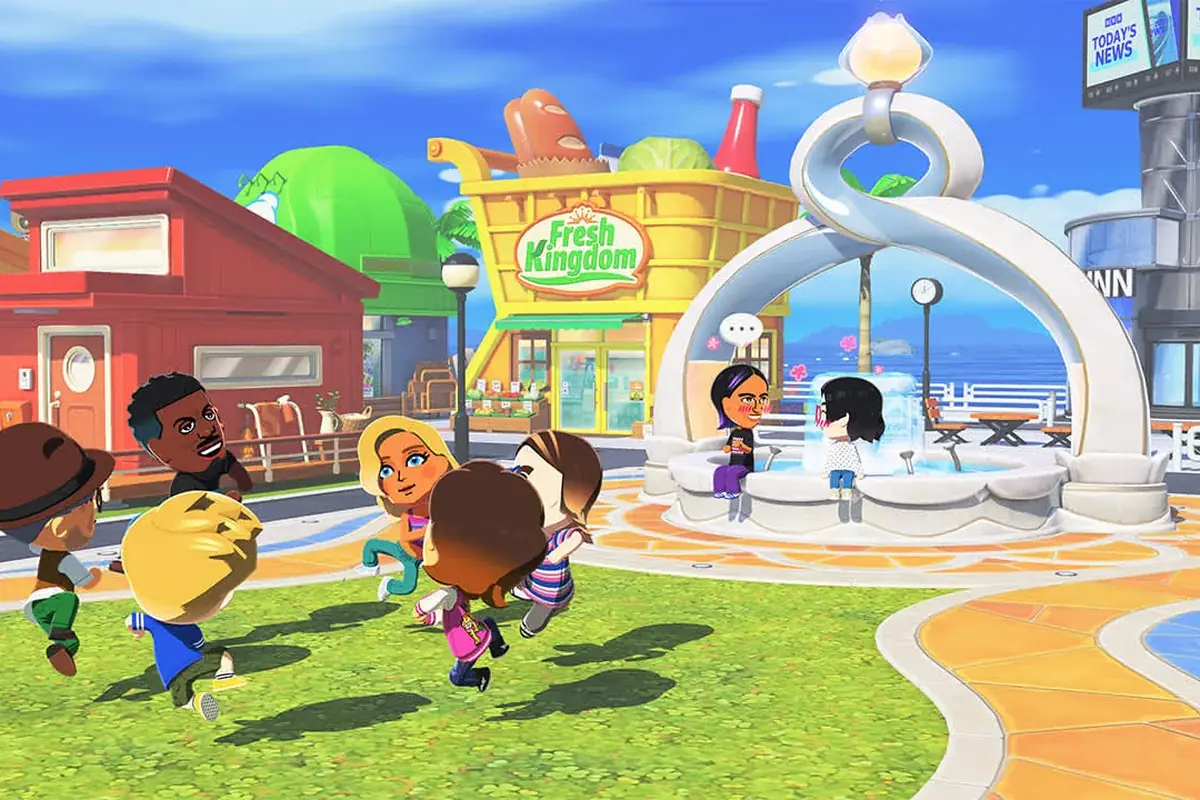Captura oficial de la plaza con Miis cerca de tiendas y el canal de noticias