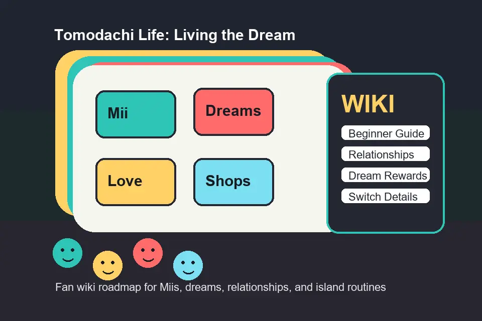 Stylized Tomodachi Life island guide board with Miis, relationships, dreams, and shops